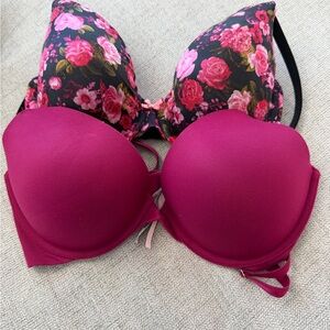 Victorias Secret Elegant Floral and Solid Magenta Bra Set